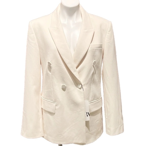 NWT Zara Double Breasted Cream White Tuxedo Style Blazer Jacket Large Lined - Picture 1 of 10
